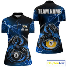 Load image into Gallery viewer, Blue thunder lightning dragon 8 ball and 9 ball billiard quarter zip shirt for women designed for league tournaments and team events.