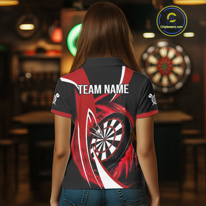 Personalized Red And Black Darts Shirt For Women Custom Darts League Team Polo & 1/4 Zip Jerseys TDM4406