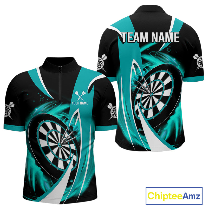 Personalized Turquoise & Black Darts Shirt For Men Custom Darts League Team Polo & 1/4 Zip Jerseys TDM4407