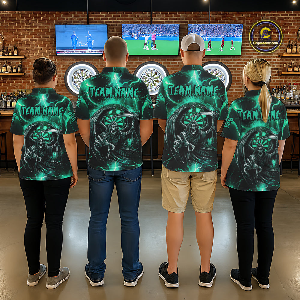 Personalized Turquoise Grim Reaper Custom Thunder Lightning Women Dart Shirts, 3D Darts Team Jerseys TDM2800
