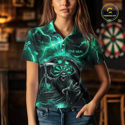 Personalized Turquoise Grim Reaper Custom Thunder Lightning Women Dart Shirts, 3D Darts Team Jerseys TDM2800