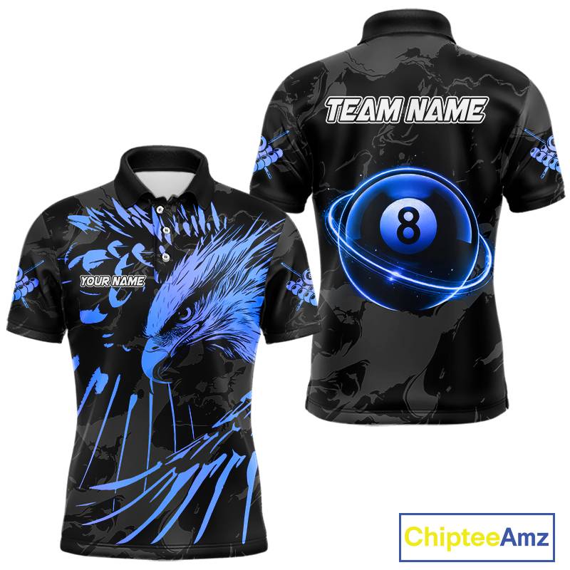 Custom Black And Blue 8 Ball Pool Eagle Paint Billiard Shirts For Men Team League Billiard Jerseys TDM5522
