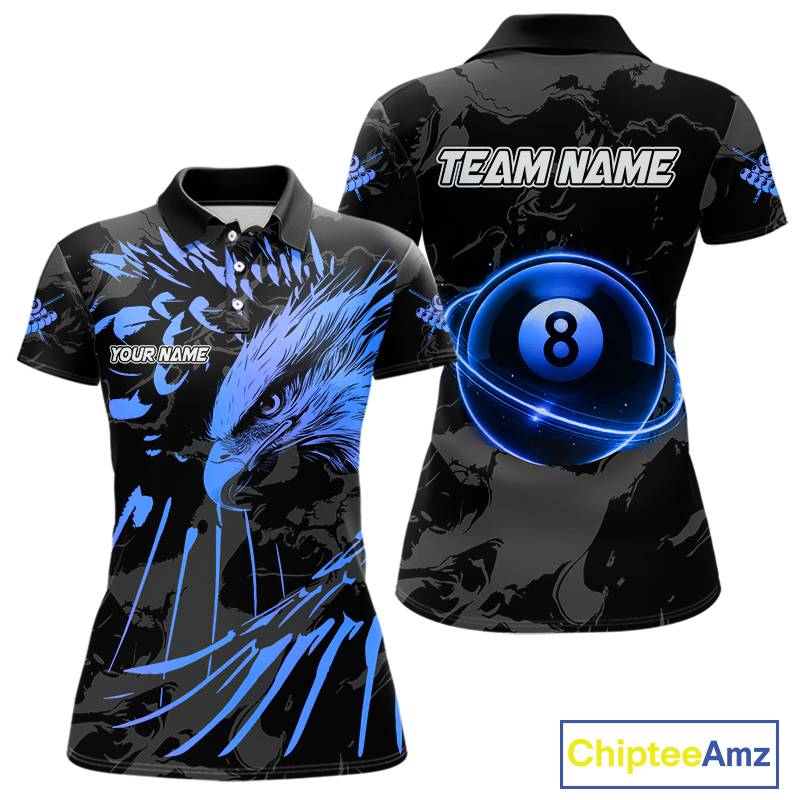 Custom Black And Blue 8 Ball Pool Eagle Paint Billiard Shirts For Women Team League Billiard Jerseys TDM5522