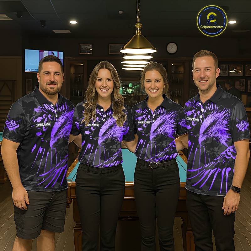 Custom Black And Purple 8 Ball Pool Eagle Paint Billiard Shirt For Men Team League Billiard Jersey TDM5523