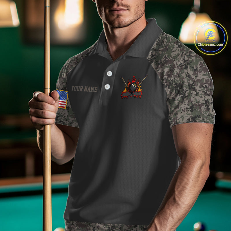 Personalized Retro Camo US Flag Billiard Shirt For Men Custom Pool Team Jersey Polo & 1/4 Zip TDM5793