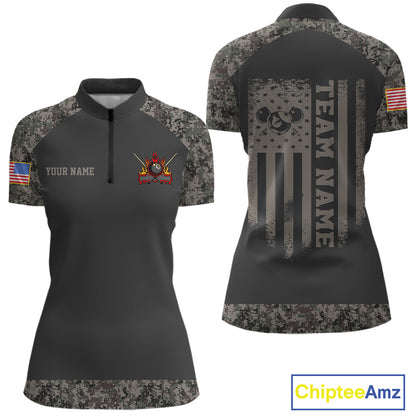 Personalized Retro Camo US Flag Billiard Shirt For Women Custom Pool Team Jersey Polo & 1/4 Zip TDM5793