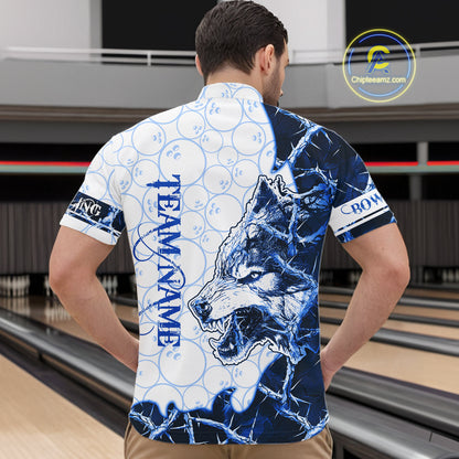 Personalized Blue Thorny Camo Wolf Bowling Shirt For Men Custom Bowling Team Jersey Polo & 1/4 Zip TDM6391