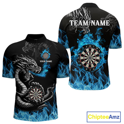 Personalized Blue Flaming Dragon Dart Shirts For Men Custom Darts Team Jerseys Polo & Quarter Zip TDM4060