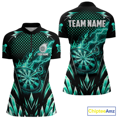Customized Turquoise Flame Lightning Icy Darts Shirt For Women, Darts Team Jersey Polo & Quarter Zip TDM6579