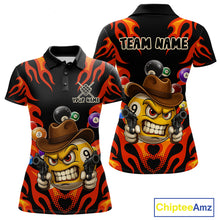 Load image into Gallery viewer, Red funny flame 9 ball billiard polo shirt for women with custom pool team graphics.