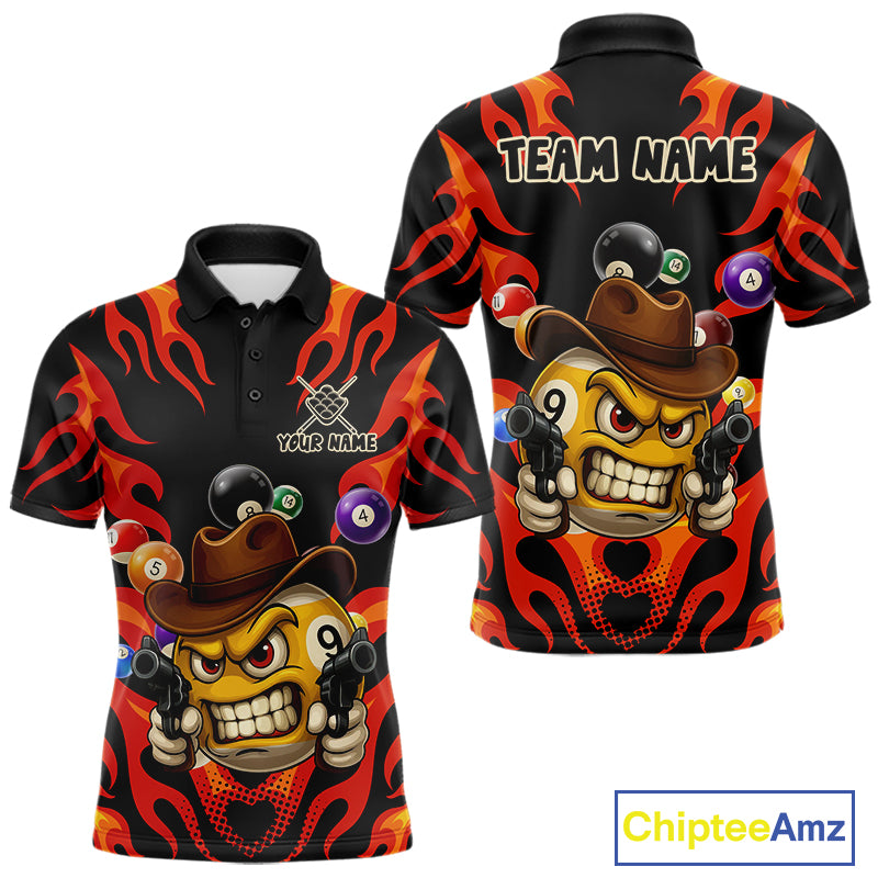 Red funny flame 9 ball billiard polo shirt for men with custom pool team graphics.
