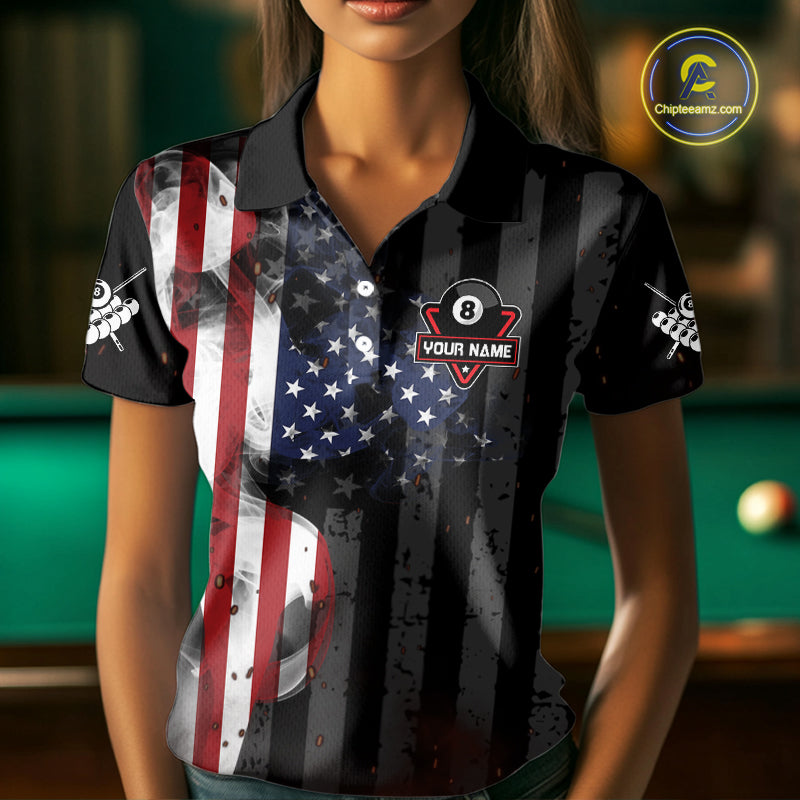 Personalized American Flag 8 Ball Billiard Shirt For Women, Patriotic Pool Team Jersey Polo, 1/4 Zip TDM4844