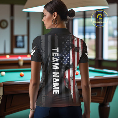 Personalized American Flag 8 Ball Billiard Shirt For Women, Patriotic Pool Team Jersey Polo, 1/4 Zip TDM4844