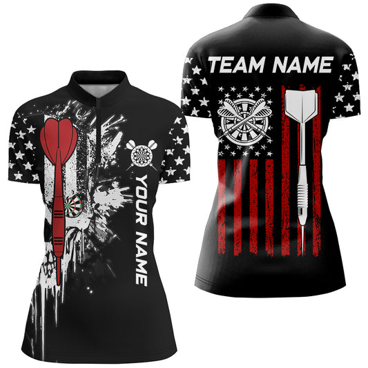 Grunge Skull Custom Black American Flag Dart Shirts For Women, Patriotic Dart Jerseys Team Uniform TDM2807
