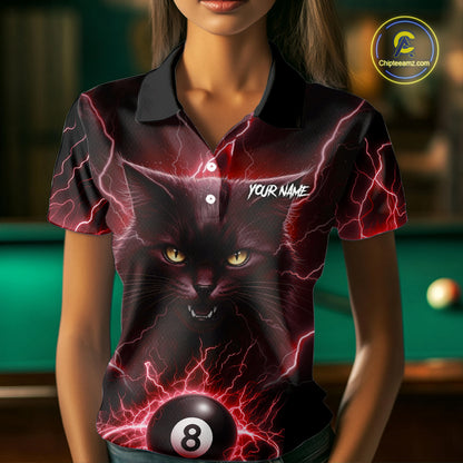 Red 8 Ball Thunder Lightning Cat Billiard Shirt For Women Custom Pool Team Jersey Polo & 1/4 Zip TDM5067