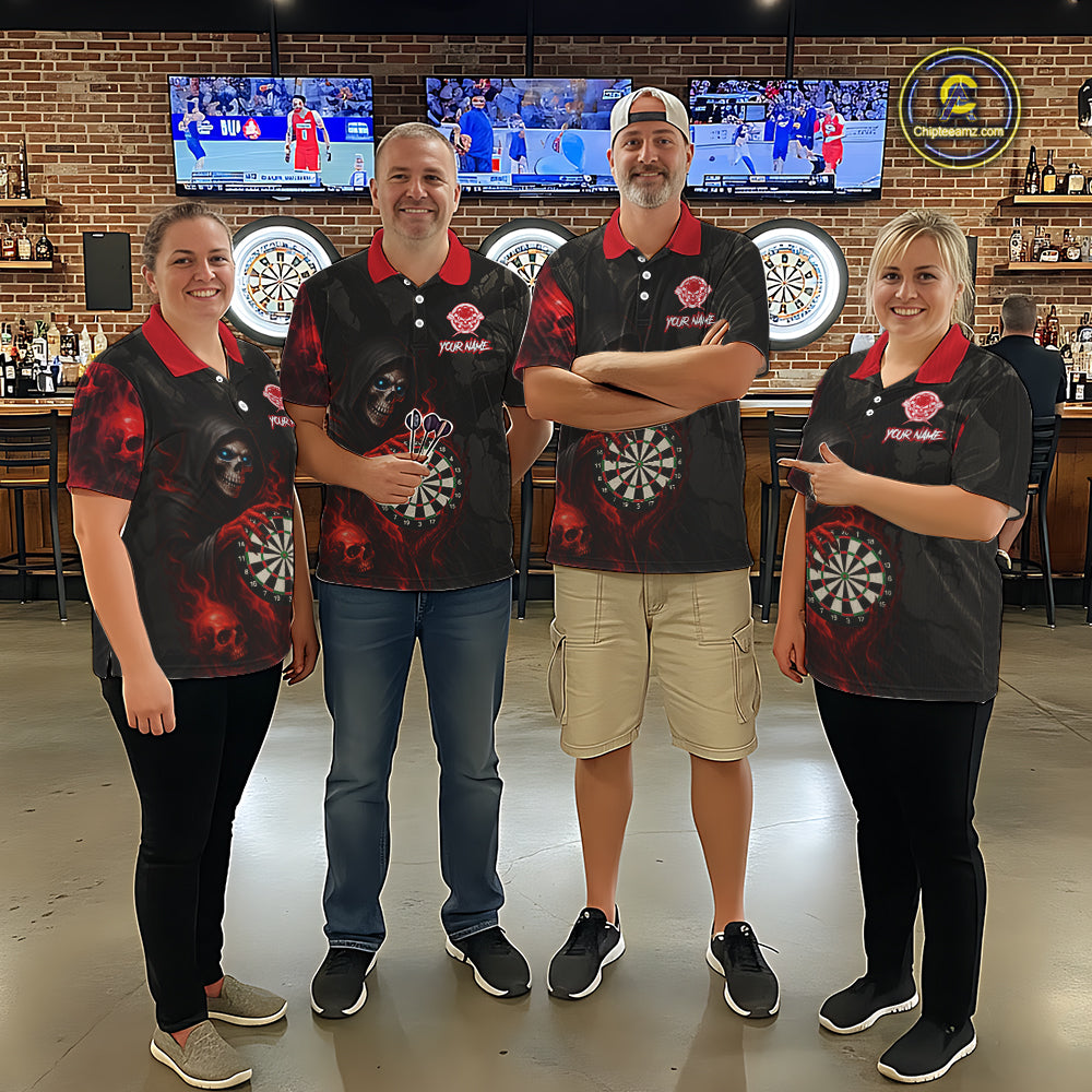 Red Grim Reaper Flame Darts Shirt For Men Custom Skull Darts Jersey Team Polo & Quarter Zip TDM5529