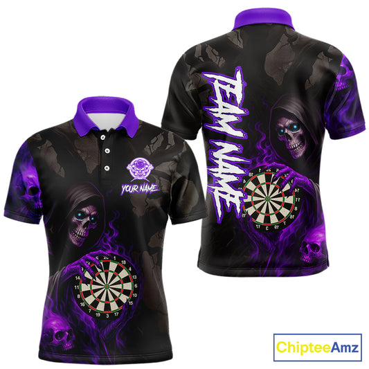 Purple Grim Reaper Flame Darts Shirt For Men Custom Skull Darts Jersey Team Polo & Quarter Zip TDM5530