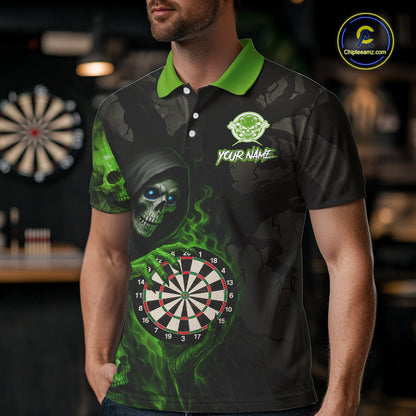 Green Grim Reaper Flame Darts Shirt For Men Custom Skull Darts Jersey Team Polo & Quarter Zip TDM5531