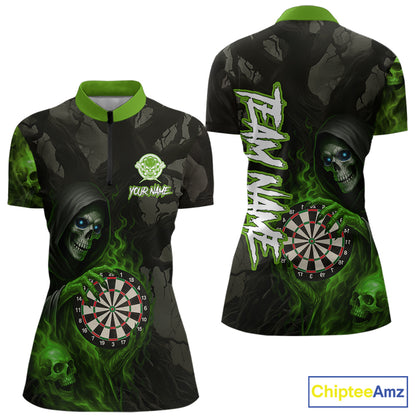 Green Grim Reaper Flame Darts Shirt For Women Custom Skull Darts Jersey Team Polo & Quarter Zip TDM5531