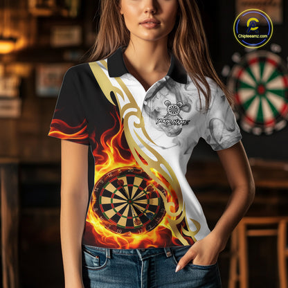 Personalized Flame Smoke Tribal Darts Shirt For Women Custom Golden Darts Jersey Team Polo & 1/4 Zip TDM5537
