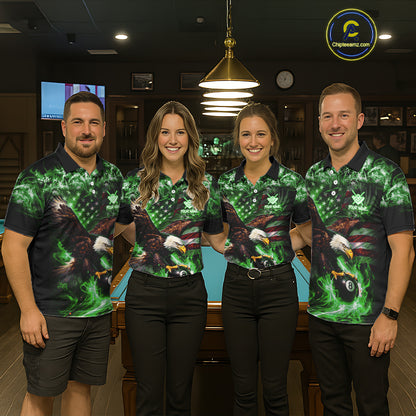 Green Flaming Eagle 8 Ball Billiard Shirt For Men Custom US Flag Pool Team Jersey Polo & 1/ 4 Zip TDM6153