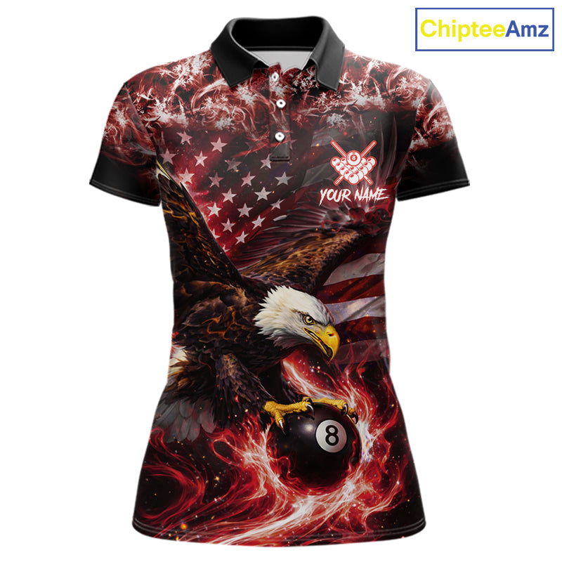 Red Flaming Eagle 8 Ball Billiard Shirt For Women Custom US Flag Pool Team Jersey Polo & 1/ 4 Zip TDM6154