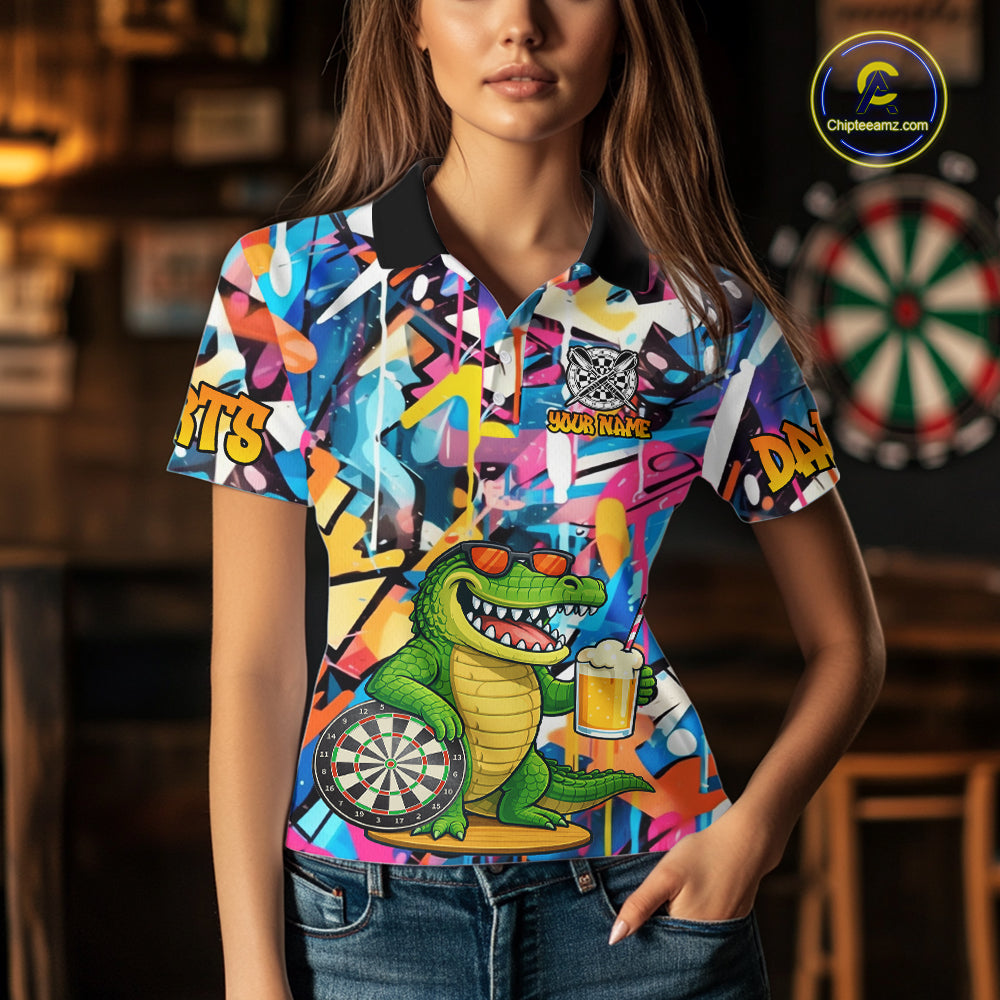 Funny Alligator Colorful Graffiti Darts Shirt For Women Custom Darts Team Jersey Polo & 1/4 Zip TDM6392