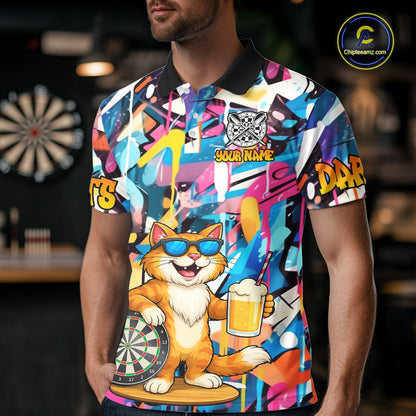 Funny Cat Colorful Graffiti Darts Shirt For Men Custom Darts Team Jersey Polo & 1/4 Zip TDM6393