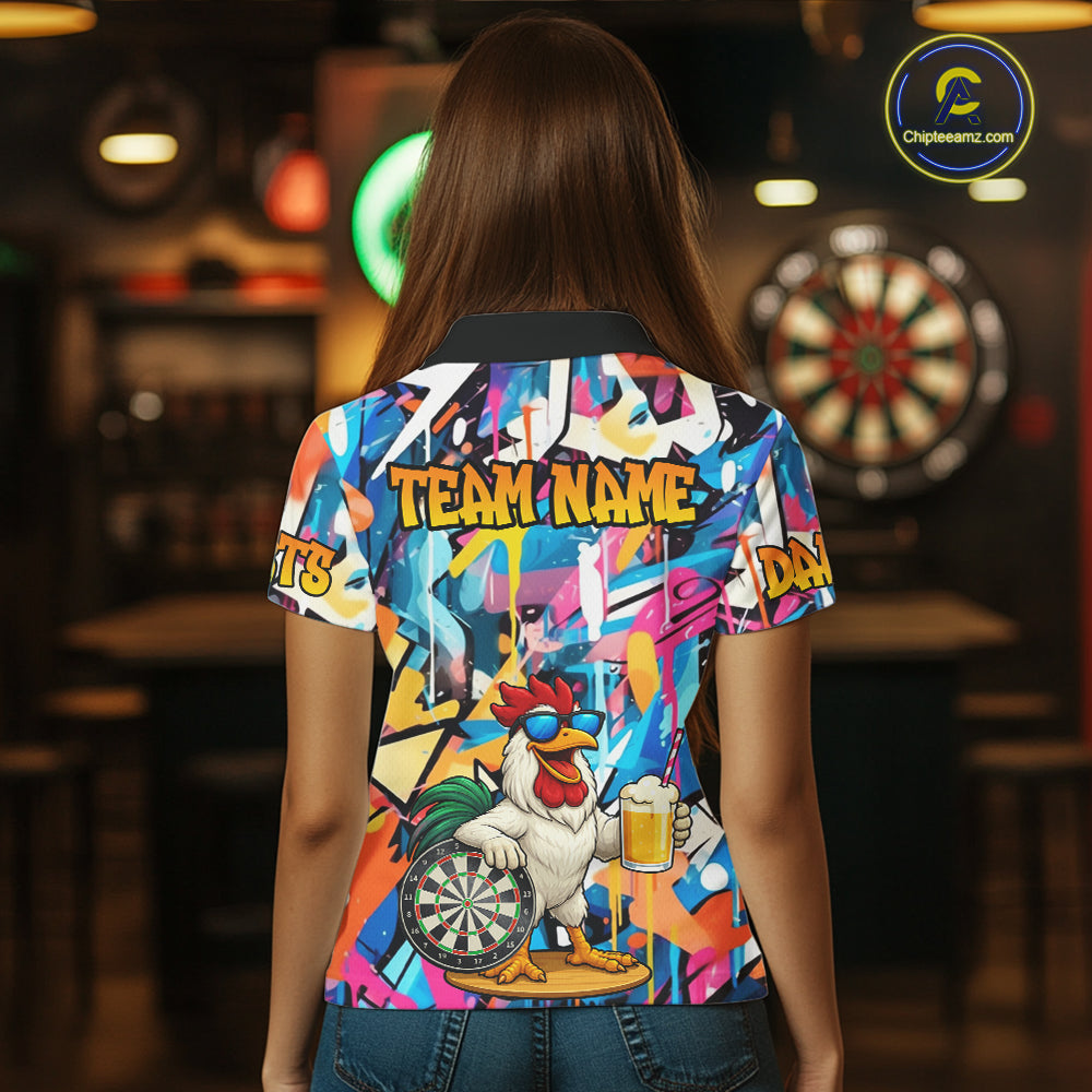 Funny Rooster Colorful Graffiti Darts Shirt For Women Custom Darts Team Jersey Polo & 1/4 Zip TDM6395