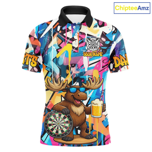 Funny Moose Colorful Graffiti Darts Shirt For Men Custom Darts Team Jersey Polo & 1/4 Zip TDM6397