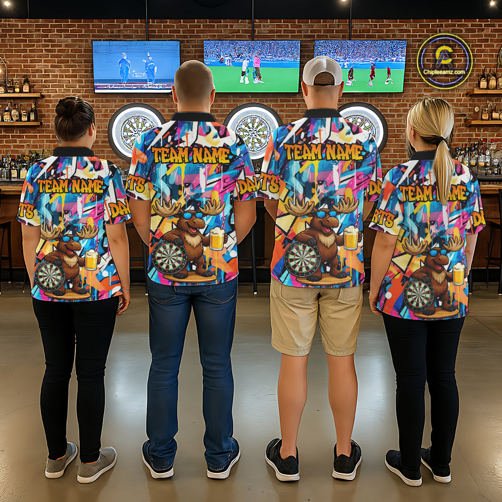 Funny Moose Colorful Graffiti Darts Shirt For Men Custom Darts Team Jersey Polo & 1/4 Zip TDM6397
