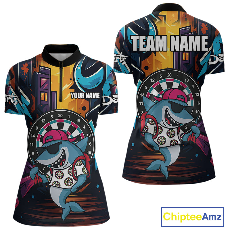 Funny Shark Colorful Graffiti Style Custom Dart Shirts For Women, Dart Team Jersey Best Darts Outfit TDM4423