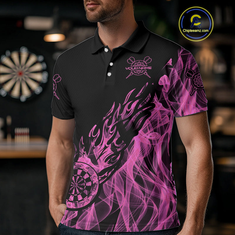 Black And Pink Flame Fire Darts Polo & Quarter Zip Custom Dart Shirt For Men Dart Jerseys TDM4858