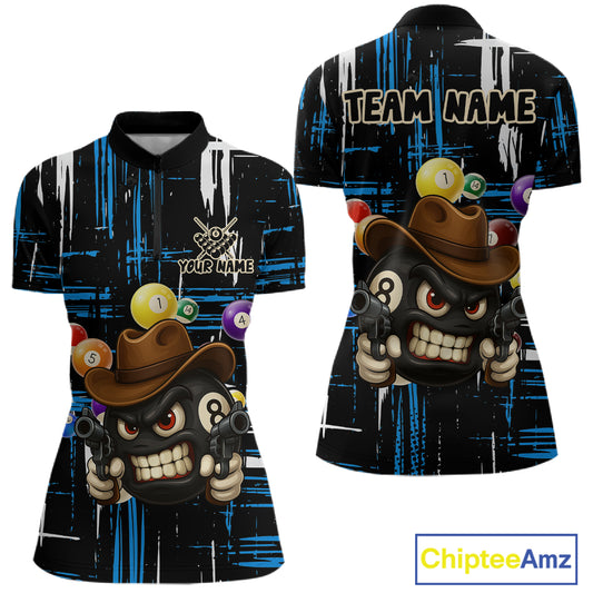 Personalized Blue Grunge Funny 8 Ball Billiard Shirt For Women, Pool Team Jersey Polo & 1/4 Zip TDM5286
