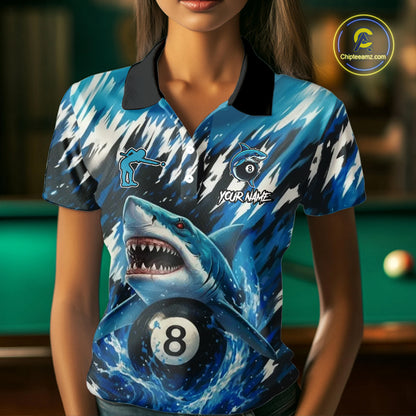 Blue Shark 8 Ball Billiard Shirt For Women Custom Billiard Jersey, Pool Team Shirt Polo & 1/4 Zip TDM5290