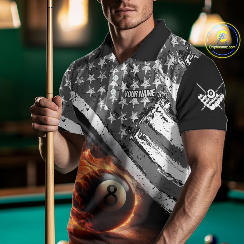 Personalized US Flag 8 Ball Pool Fire Billiard Shirt For Men Custom Grunge Billiard Team Jersey TDM5544
