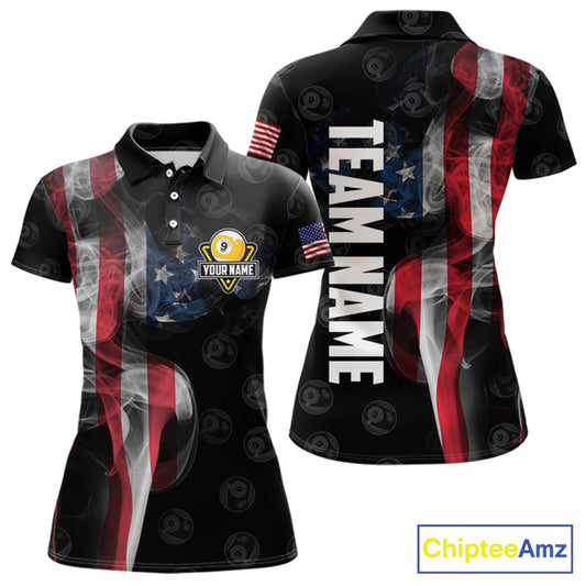 Personalized Vintage Smoke US Flag Billiard Shirts For Women, 9 Ball Pool Patriotic Billiard Jerseys TDM3633