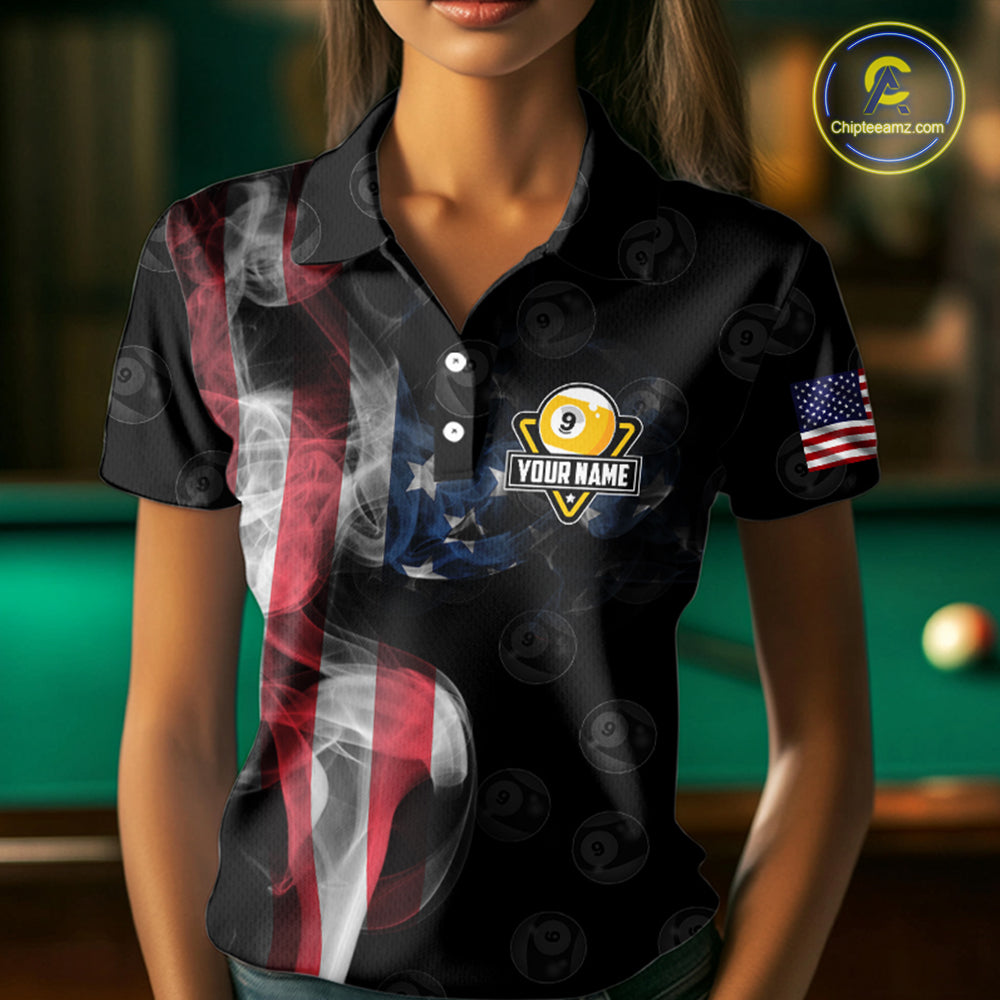 Personalized Vintage Smoke US Flag Billiard Shirts For Women, 9 Ball Pool Patriotic Billiard Jerseys TDM3633