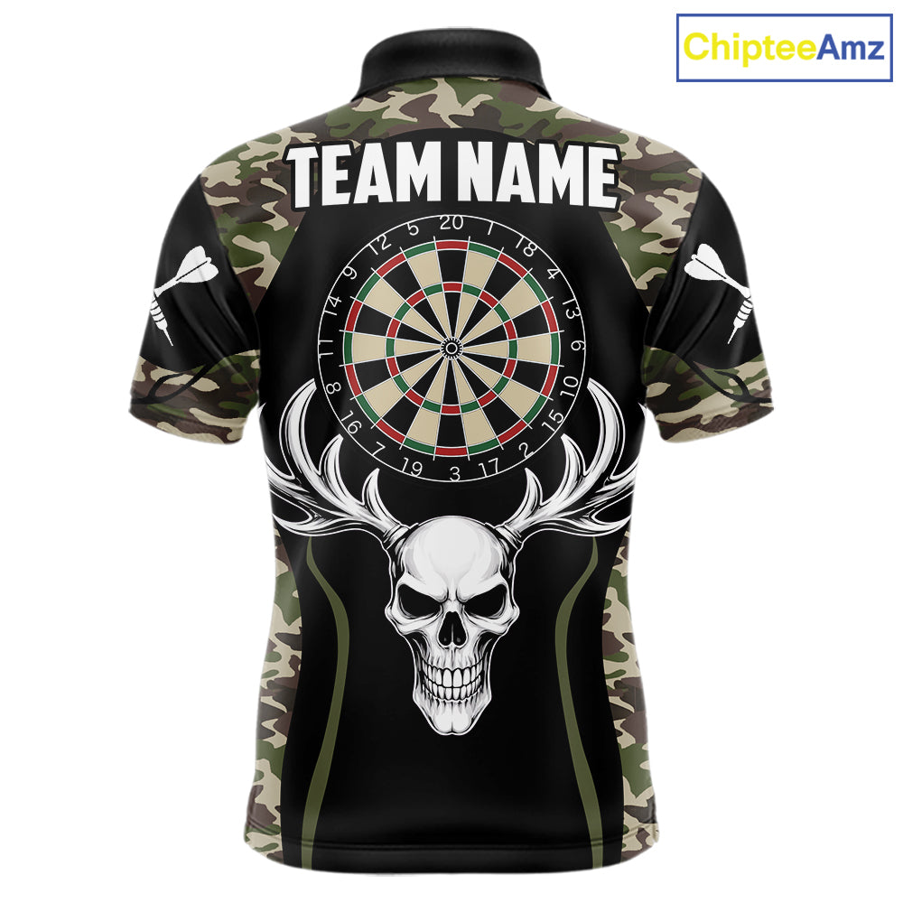 Personalized Green Camo Skull Darts Shirt For Men Custom Darts League Jersey Team Polo & 1/4 Zip TDM6402