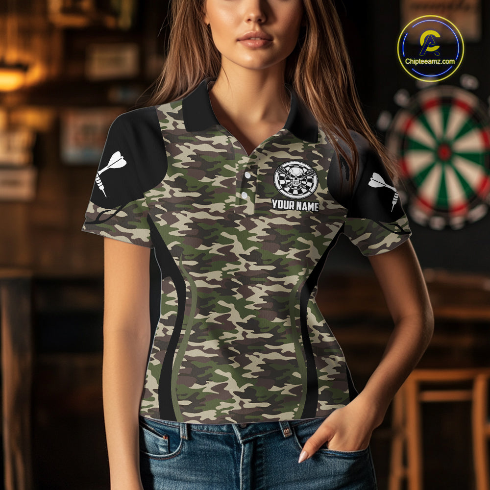 Personalized Green Camo Skull Darts Shirt For Women Custom Darts League Jersey Team Polo & 1/4 Zip TDM6402