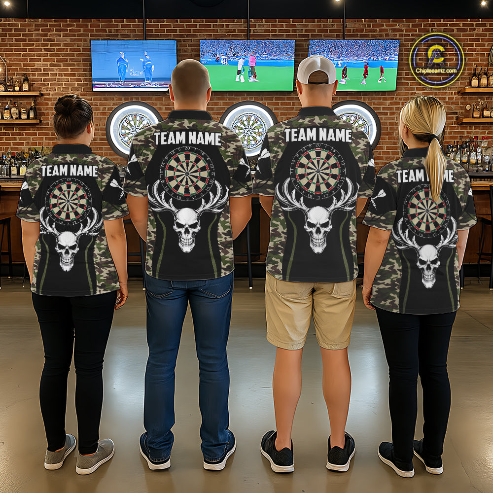 Personalized Green Camo Skull Darts Shirt For Men Custom Darts League Jersey Team Polo & 1/4 Zip TDM6402