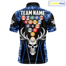 Load image into Gallery viewer, Personalized Blue Camo Skull Billiard Shirt For Men, 8 Ball Billiard Team Jersey Polo &amp; 1/4 Zip TDM6399