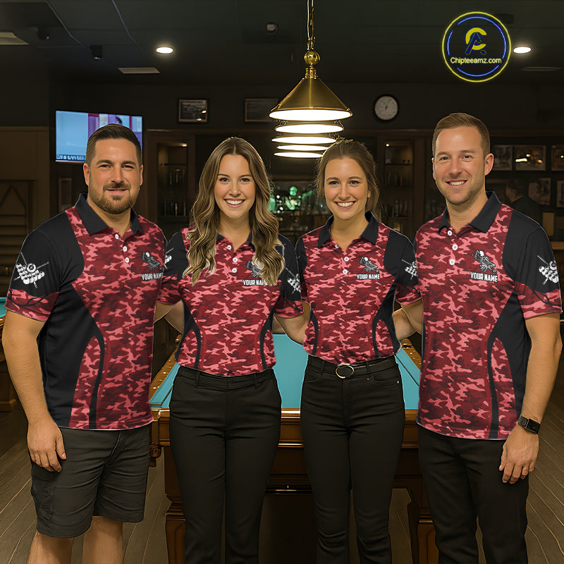 Personalized Red Camo Skull Billiard Shirt For Women, 8 Ball Billiard Team Jersey Polo & 1/4 Zip TDM6400
