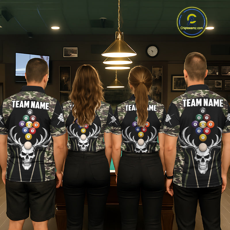 Personalized Green Camo Skull Billiard Shirt For Women, 9 Ball Billiard Team Jersey Polo & 1/4 Zip TDM6401
