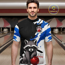 Load image into Gallery viewer, Man wearing a custom bowling shirt with raccoon design in a bowling alley.