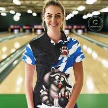 Load image into Gallery viewer, Woman wearing a custom bowling shirt with a raccoon design in a bowling alley.