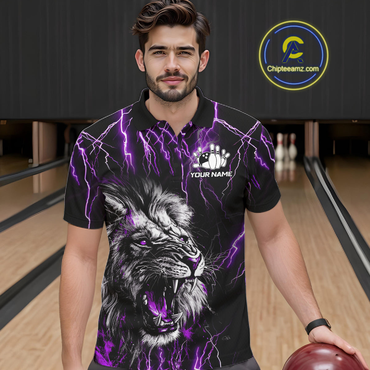 Man wearing a black and purple thunder lightning lion bowling polo shirt front view, custom bowling league jersey for men.