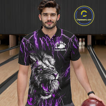Load image into Gallery viewer, Man wearing a black and purple thunder lightning lion bowling polo shirt front view, custom bowling league jersey for men.