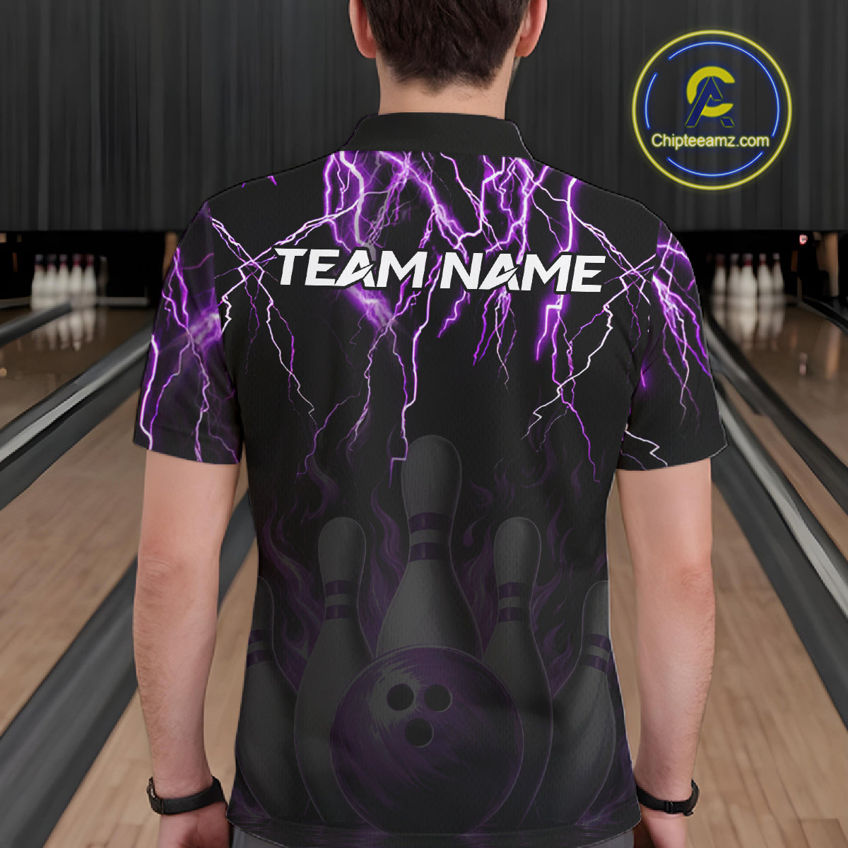 Back view of man wearing a black and purple thunder lightning lion bowling polo shirt, custom bowling team jersey design.
