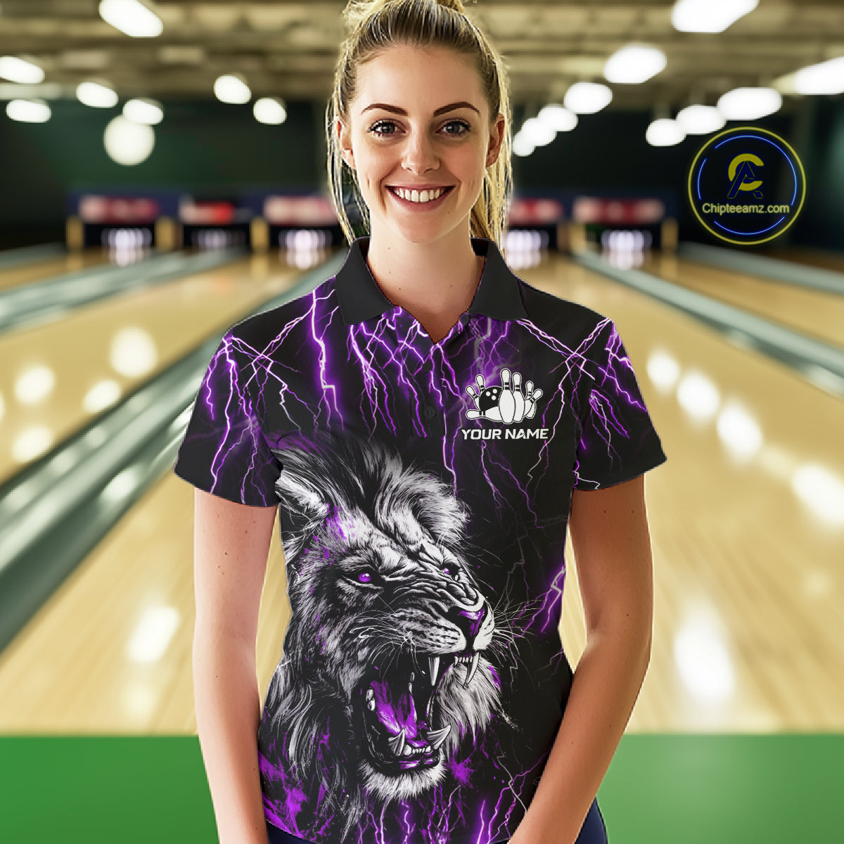 Black and purple thunder lightning lion quarter zip bowling shirt for women, custom bowling team jersey and tournament apparel.